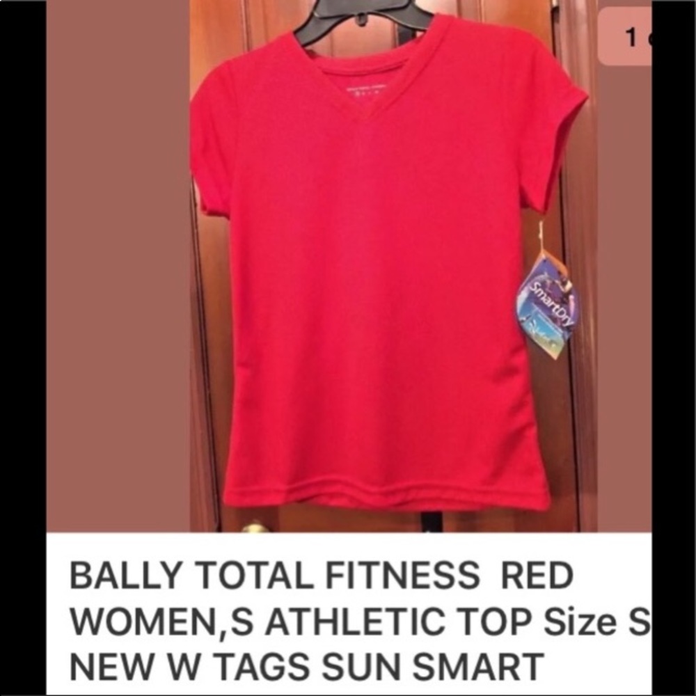 Bally total fitness sunblock red V Neck short sleeve tee shirt S new w tags